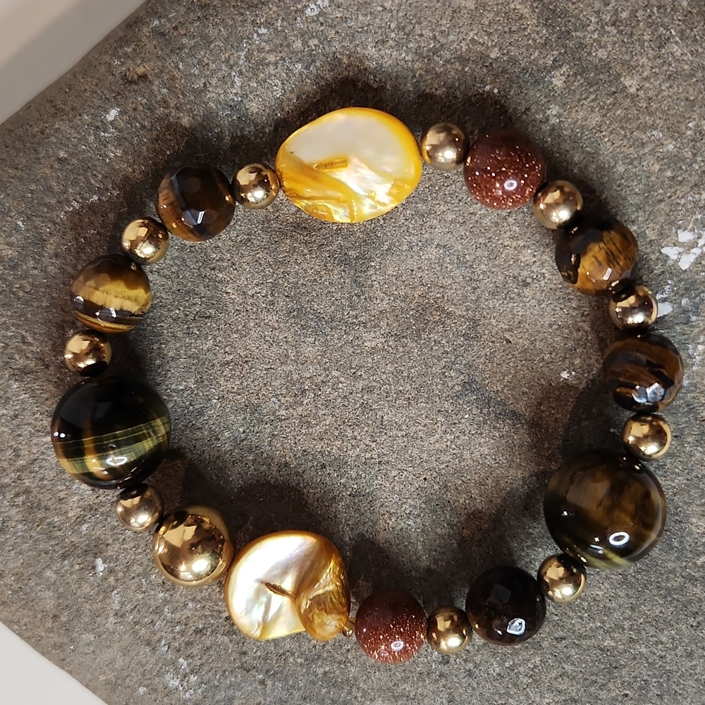 African Tiger Eye | Goldstone | Baroque Pearl | Stretch Beaded Bracelet 🔥
